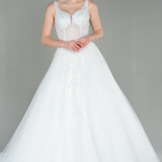 Ekru Boncuk İşlemeli Askılı Uzun Prenses Gelinlik ABG005