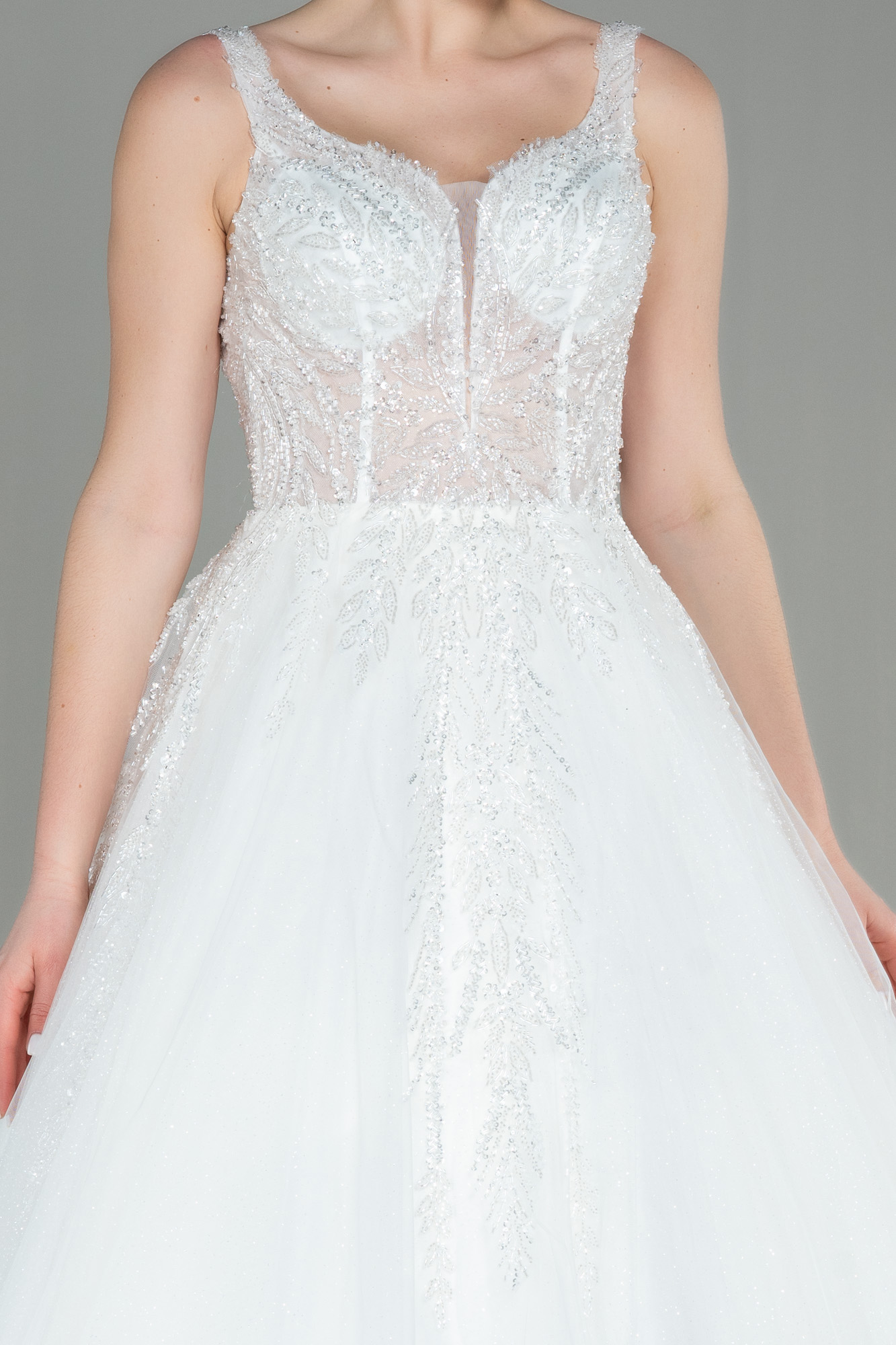 Ekru Boncuk İşlemeli Askılı Uzun Prenses Gelinlik ABG005 - Görsel 3