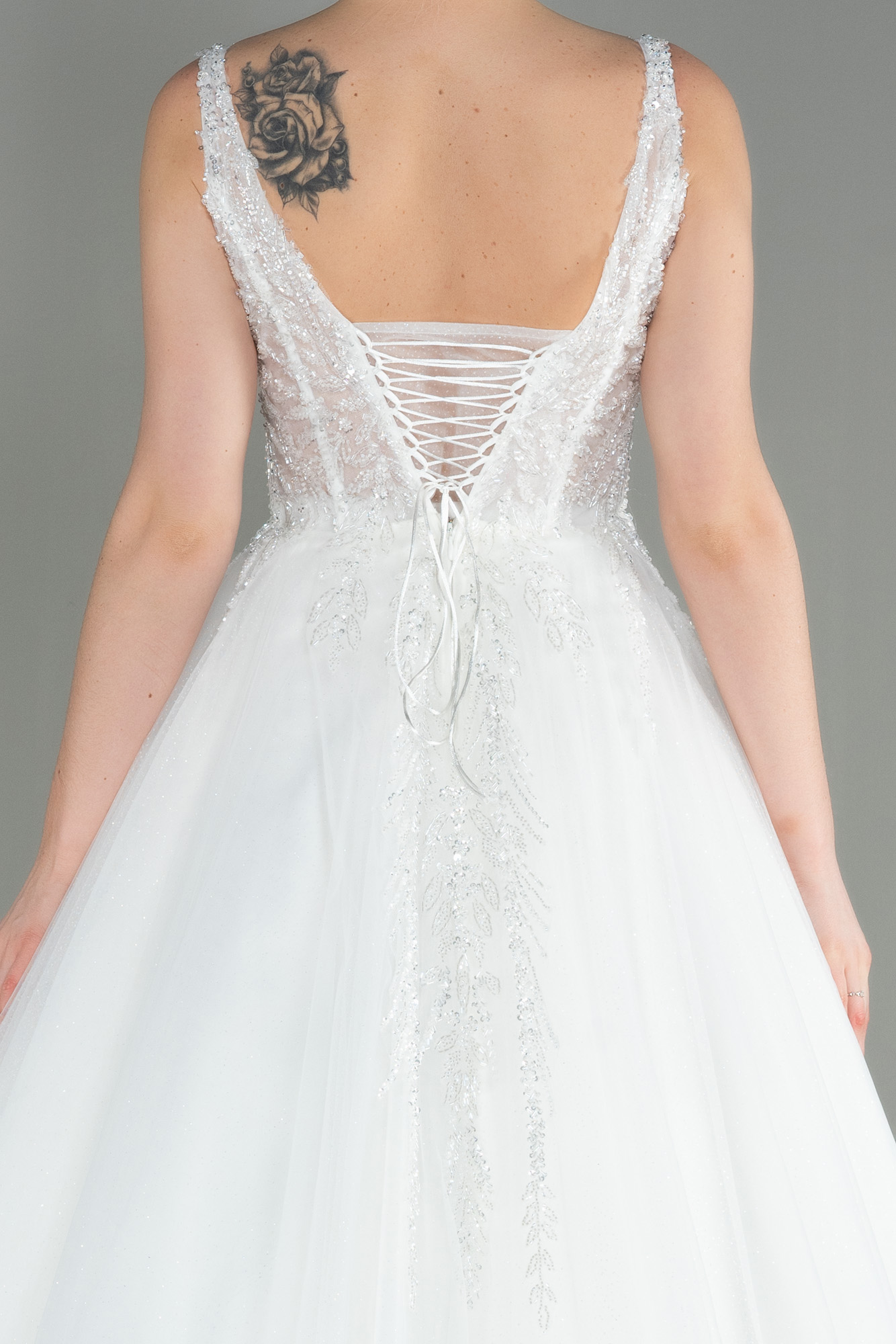 Ekru Boncuk İşlemeli Askılı Uzun Prenses Gelinlik ABG005 - Görsel 4