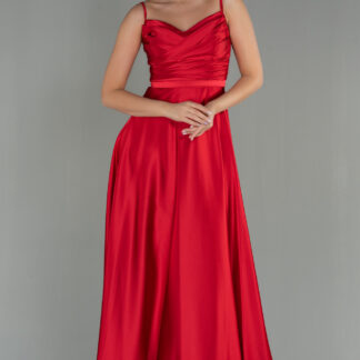 Kırmızı Uzun İp Askılı Saten Abiye Elbise ABU1601