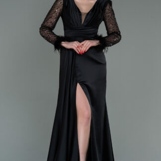 Siyah Pullu Uzun Kol Yırtmaçlı Saten Abiye ABU3080