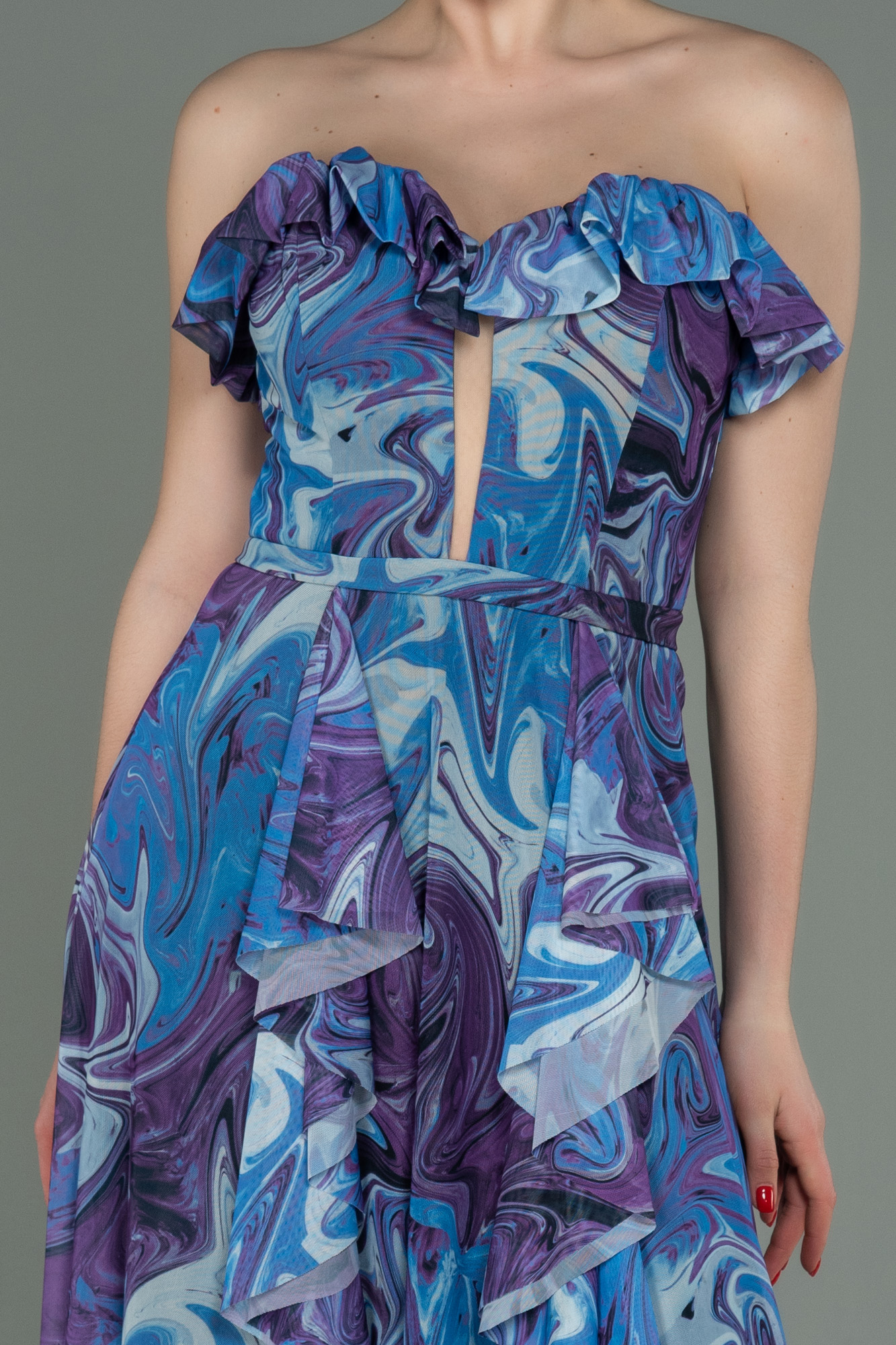 Mor Straplez Yırtmaçlı Empirme Uzun Abiye ABU3086 - Görsel 4