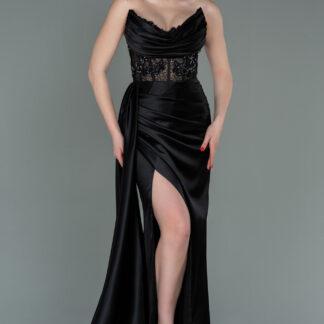 Siyah Straplez Drapeli Uzun Saten Abiye ABU5314