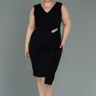 Siyah Kolsuz V Yaka Simli Midi Büyük Beden Abiye ABK1752