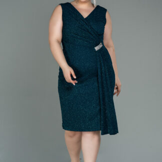 Zümrüt Yeşili Kolsuz V Yaka Simli Midi Büyük Beden Abiye ABK1752