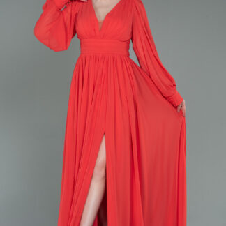 Orange Uzun Kol Bacak Dekolteli Şifon Abiye Elbise ABU1702