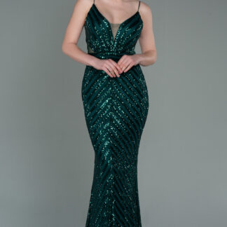 Zümrüt Yeşili Uzun Payetli İp Askılı Balık Abiye Elbise ABU892