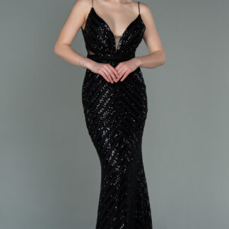 Siyah Uzun Payetli İp Askılı Balık Abiye Elbise ABU892