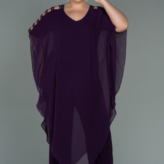 Koyu Mor Kısa Kol Şifon Uzun Büyük Beden Abiye Tulum ABT080