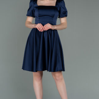 Lacivert Kısa Kol Kare Yaka Saten Davet Elbisesi ABK1792