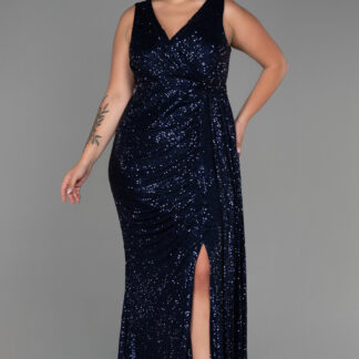 Lacivert Kolsuz Uzun Pullu Büyük Beden Abiye ABU3194