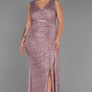 Pudra Kolsuz Kruvaze Yaka Uzun Pullu Büyük Beden Abiye ABU3194