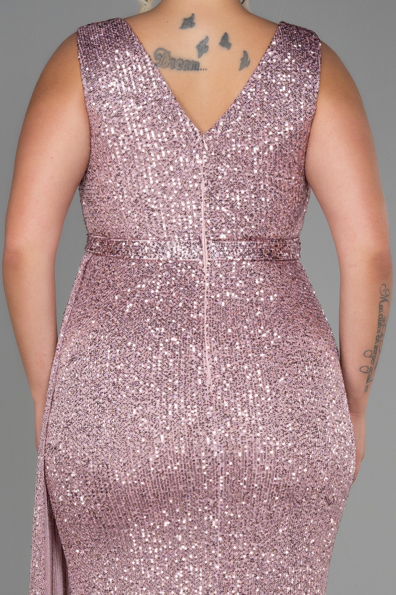 Pudra Kolsuz Kruvaze Yaka Uzun Pullu Büyük Beden Abiye ABU3194 - Görsel 4