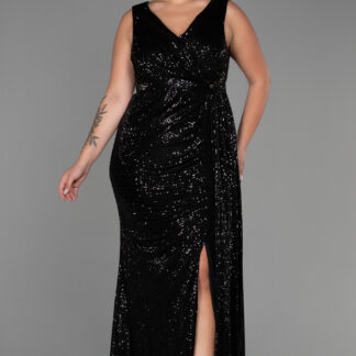 Siyah Kolsuz Kruvaze Yaka Uzun Pullu Büyük Beden Abiye ABU3194