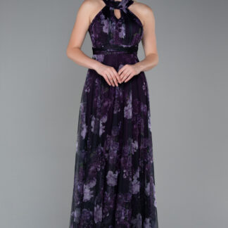 Mor Uzun Çiçekli Abiye Elbise ABU674