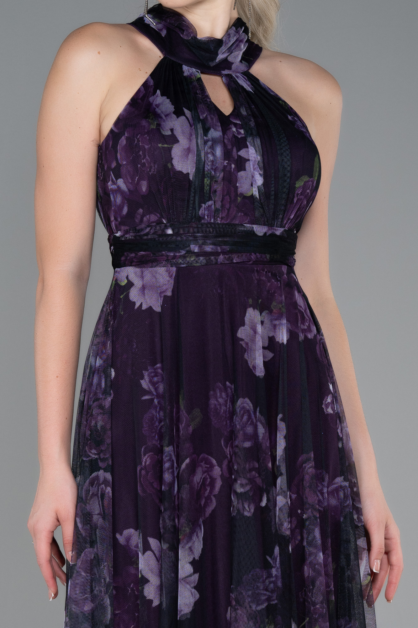 Mor Uzun Çiçekli Abiye Elbise ABU674 - Görsel 3