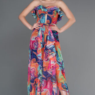 Çok Renkli Straplez Yırtmaçlı Empirme Uzun Abiye ABU3086