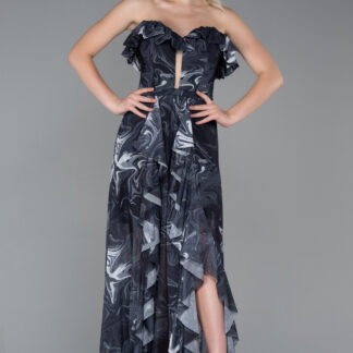 Siyah-Antrasit Straplez Yırtmaçlı Empirme Uzun Abiye ABU3086