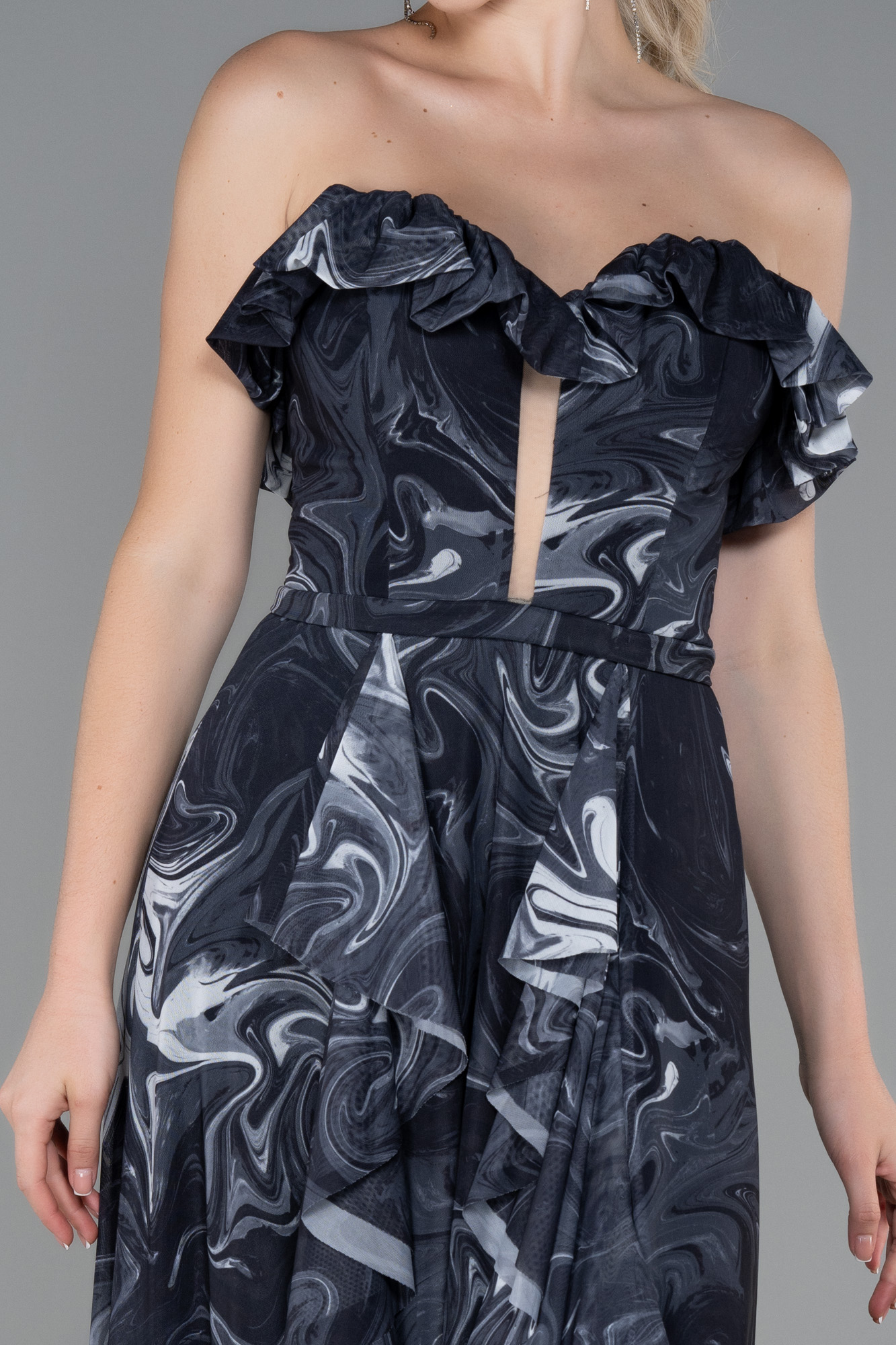 Siyah-Antrasit Straplez Yırtmaçlı Empirme Uzun Abiye ABU3086 - Görsel 3