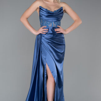 İndigo Straplez Drapeli Uzun Saten Abiye ABU5314