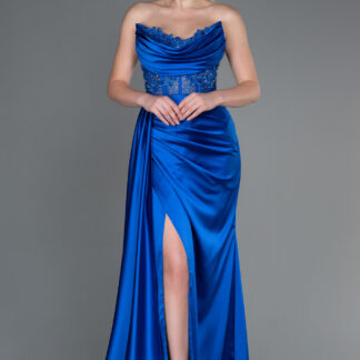 Saks Mavi Straplez Drapeli Uzun Saten Abiye ABU5314