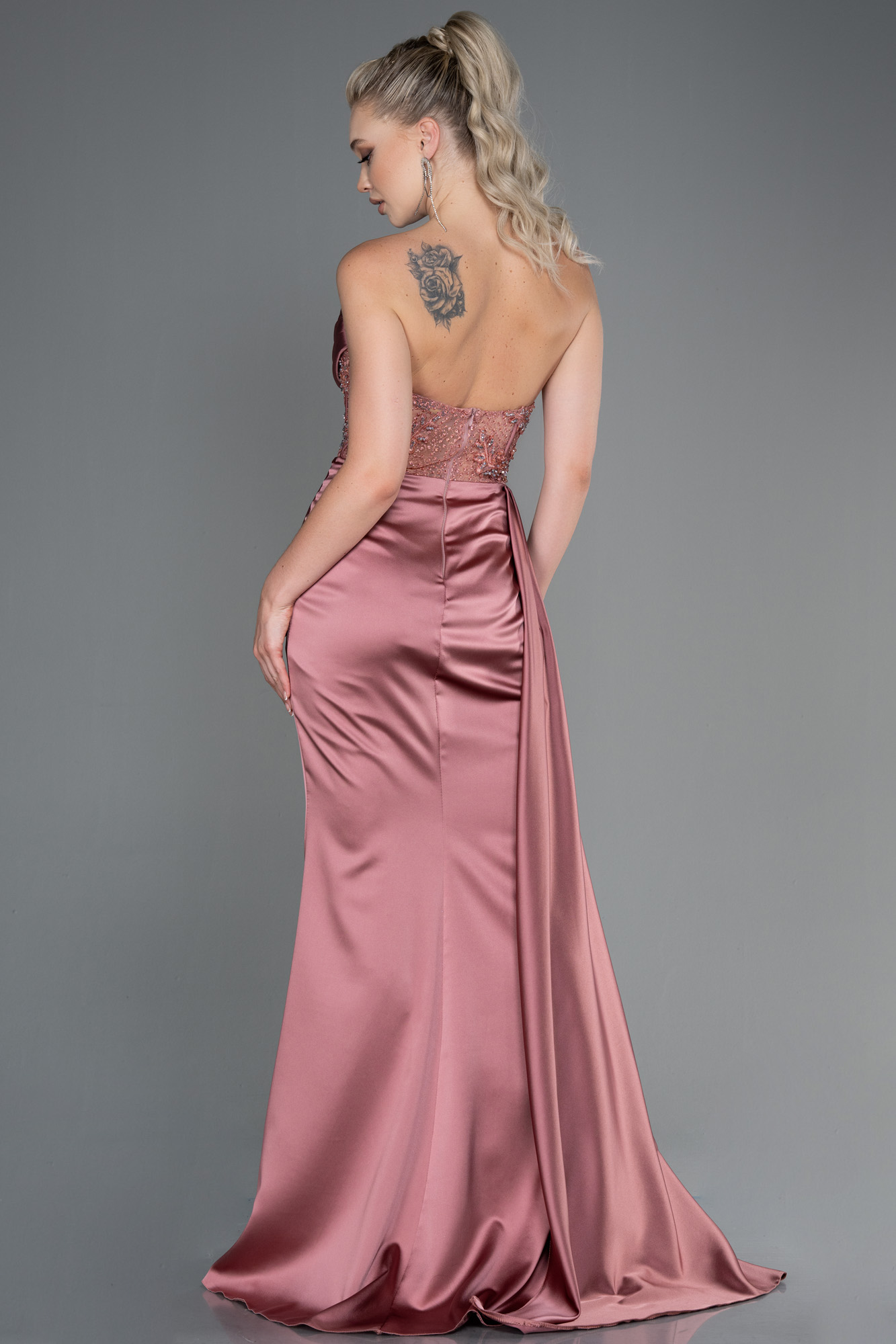 Soğan Kabuğu Straplez Drapeli Uzun Saten Abiye ABU5314 - Görsel 2