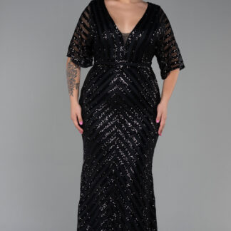 Siyah Uzun Pul Payet Büyük Beden Abiye Elbise ABU900