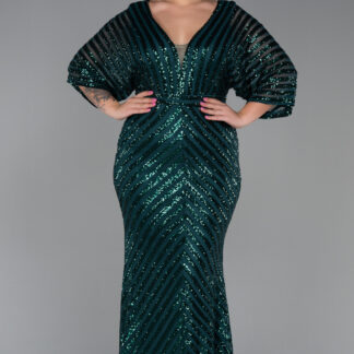 Zümrüt Yeşili Uzun Pul Payet Büyük Beden Abiye Elbise ABU900