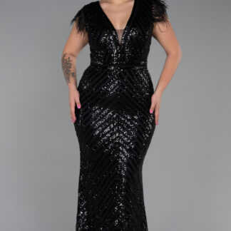 Siyah Pul Payet Uzun Büyük Beden Abiye ABU1044