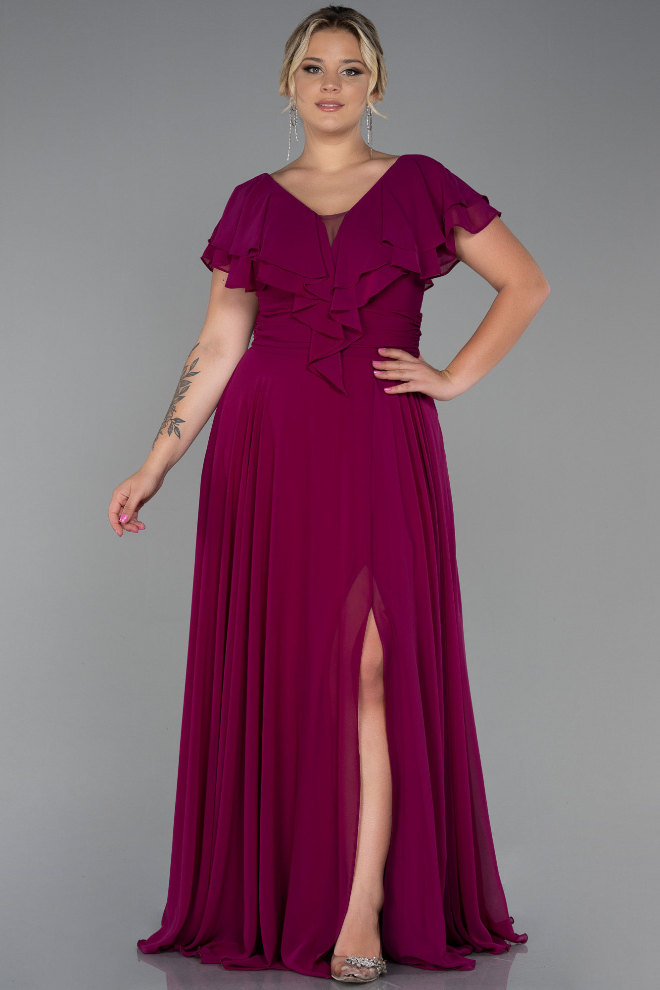 Mürdüm Yırtmaçlı Büyük Beden Abiye ABU032