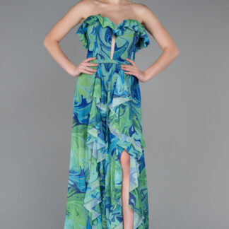 Yeşil Desen Straplez Yırtmaçlı Empirme Uzun Abiye ABU3086