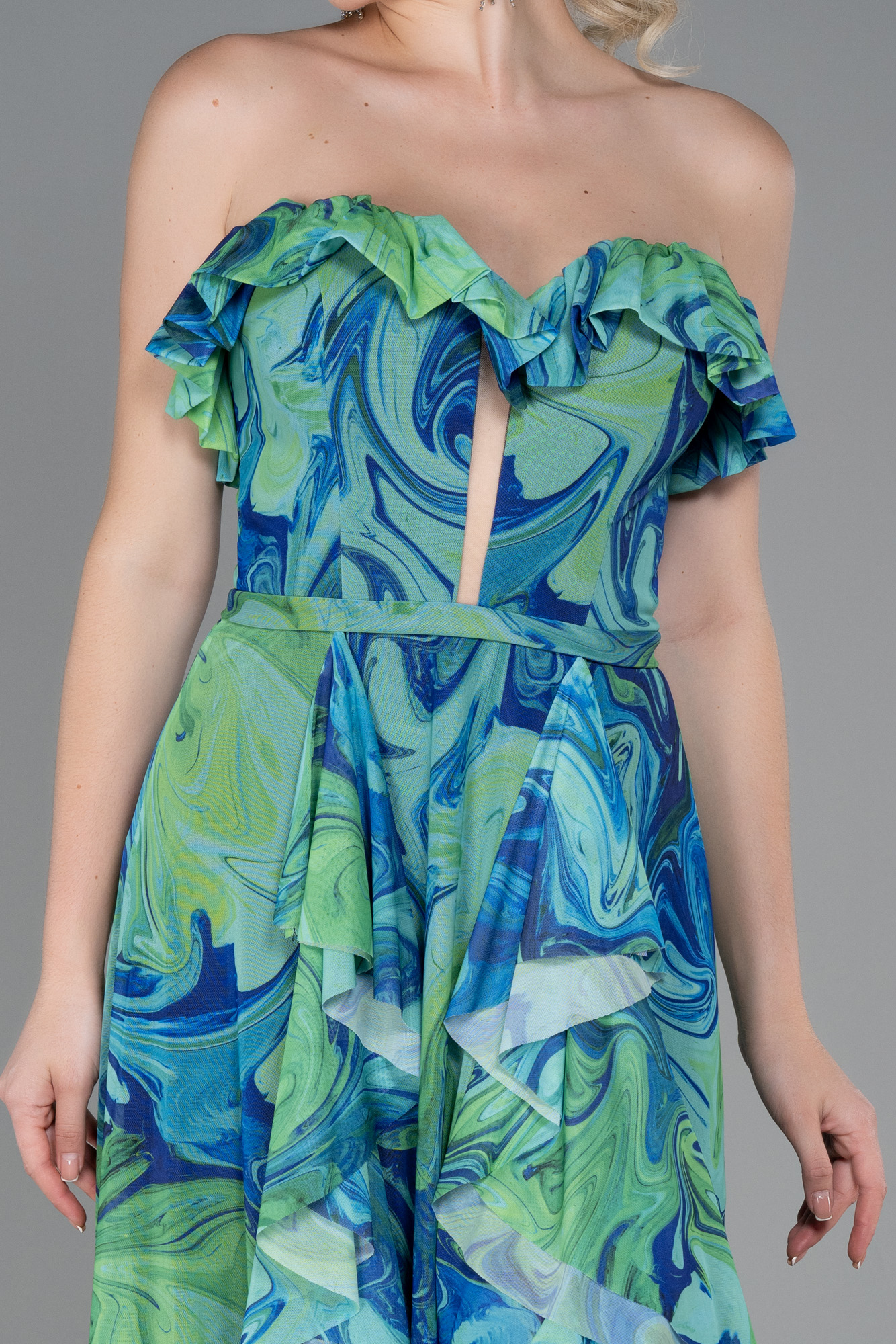 Yeşil Desen Straplez Yırtmaçlı Empirme Uzun Abiye ABU3086 - Görsel 3