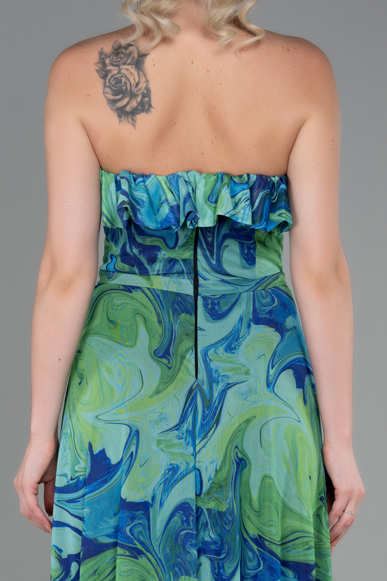 Yeşil Desen Straplez Yırtmaçlı Empirme Uzun Abiye ABU3086 - Görsel 4