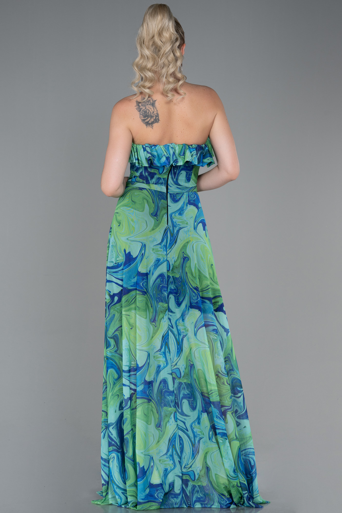 Yeşil Desen Straplez Yırtmaçlı Empirme Uzun Abiye ABU3086 - Görsel 2