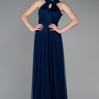 Lacivert Halter Yaka Uzun Abiye Elbise ABU3252