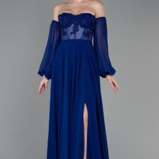 Saks Mavi Straplez Balen Korse Yırtmaçlı Şifon Abiye ABU5308