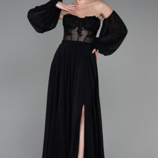 Siyah Straplez Balen Korse Yırtmaçlı Şifon Abiye ABU5308