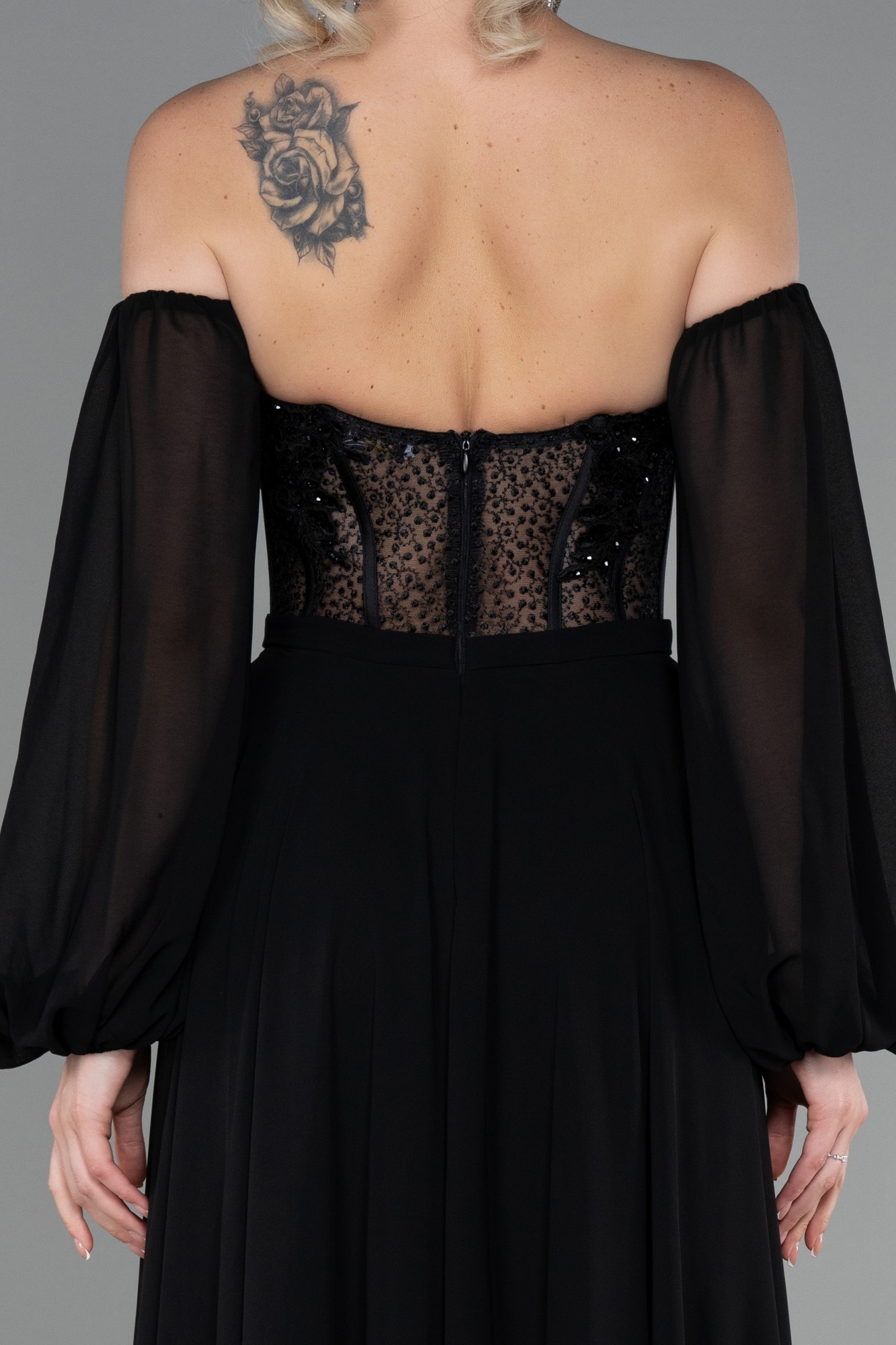 Siyah Straplez Balen Korse Yırtmaçlı Şifon Abiye ABU5308 - Görsel 4