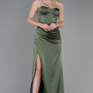 Haki Taş Askılı Yırtmaçlı Uzun Saten Abiye ABU3198