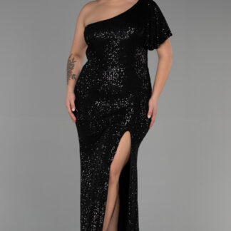 Siyah Tek Omuz Payet Uzun Büyük Beden Abiye ABU1893