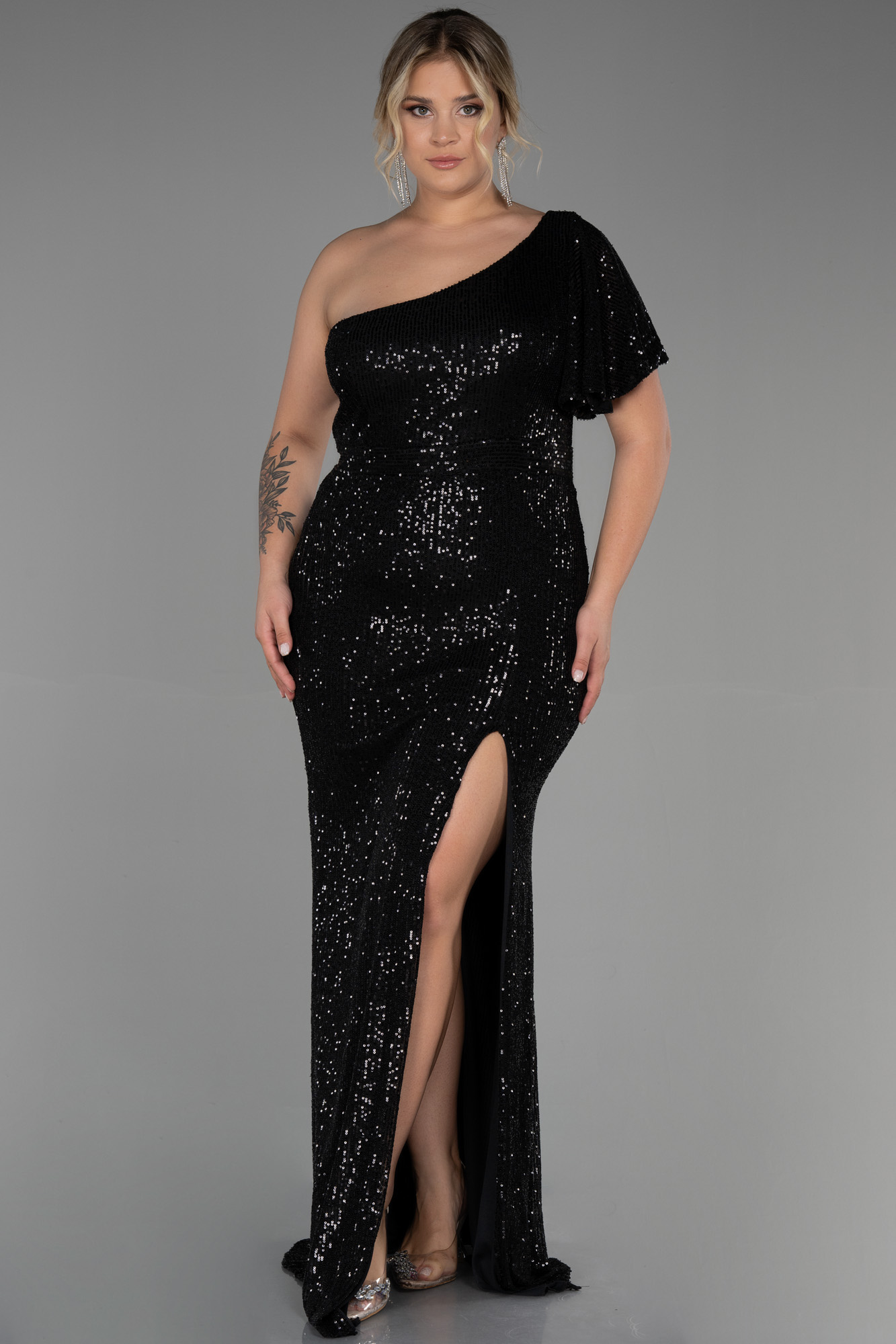 Siyah Tek Omuz Payet Uzun Büyük Beden Abiye ABU1893