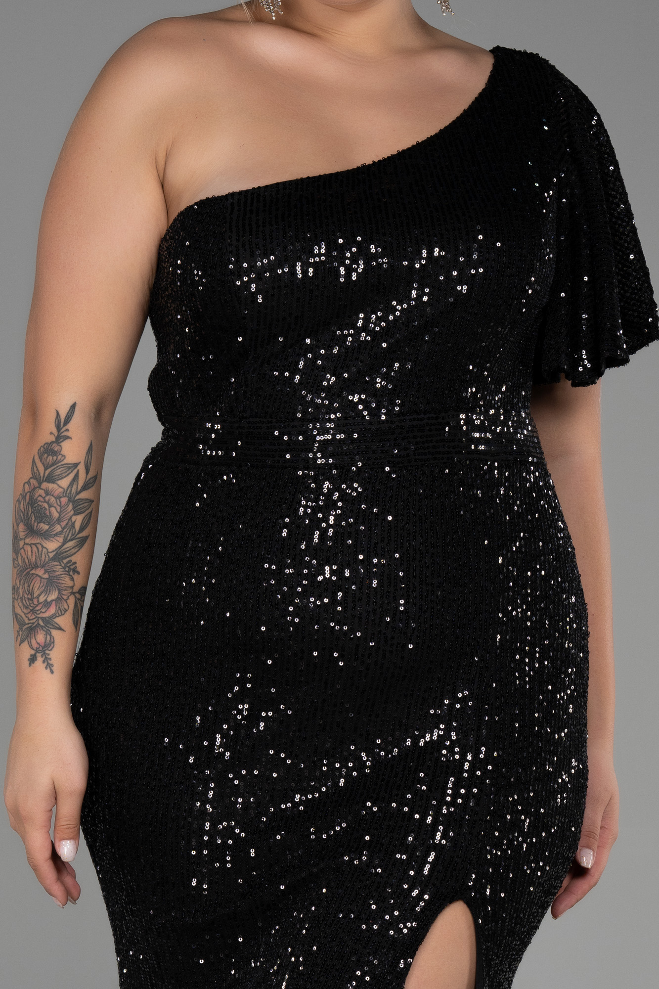 Siyah Tek Omuz Payet Uzun Büyük Beden Abiye ABU1893 - Görsel 3