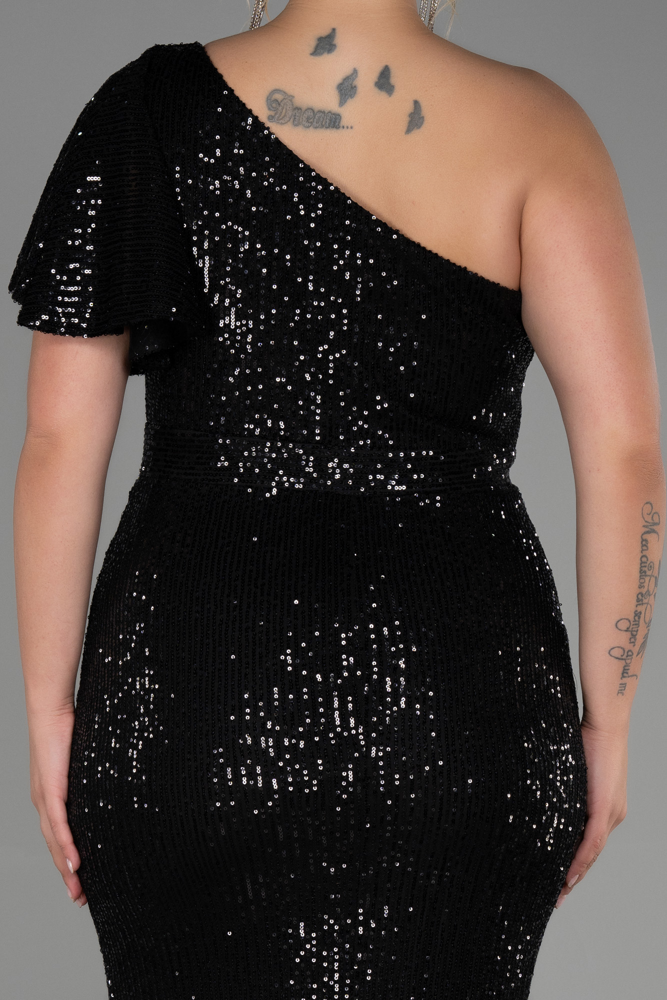 Siyah Tek Omuz Payet Uzun Büyük Beden Abiye ABU1893 - Görsel 4