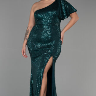 Zümrüt Yeşili Tek Omuz Payet Uzun Büyük Beden Abiye ABU1893