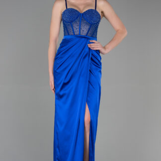 Saks Mavi Üstü Boncuklu Bacak Dekolteli Uzun Saten Abiye ABU3312