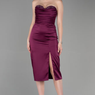 Mürdüm Taşlı Straplez Göğüs Drapeli Midi Saten Abiye ABK1845