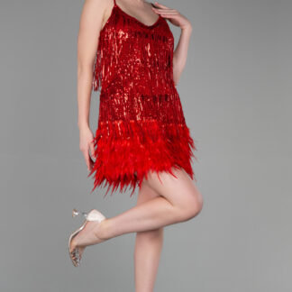 Kırmızı Askılı Kısa Püsküllü Davet Elbisesi ABK1629