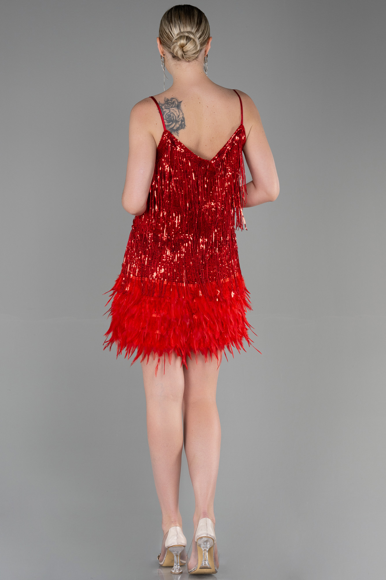 Kırmızı Askılı Kısa Püsküllü Davet Elbisesi ABK1629 - Görsel 2