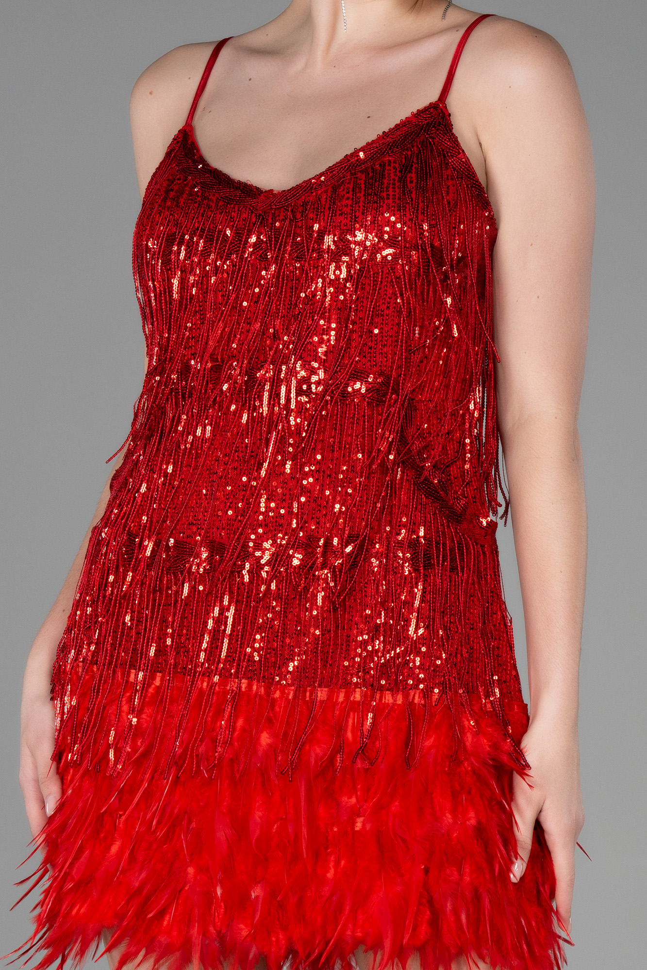 Kırmızı Askılı Kısa Püsküllü Davet Elbisesi ABK1629 - Görsel 3