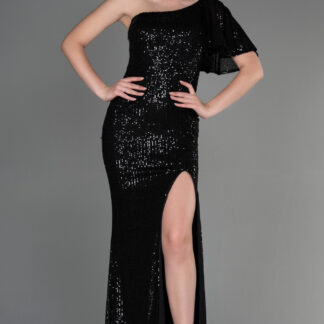 Siyah Tek Kol Yırtmaçlı Pul Payet Uzun Abiye ABU1891